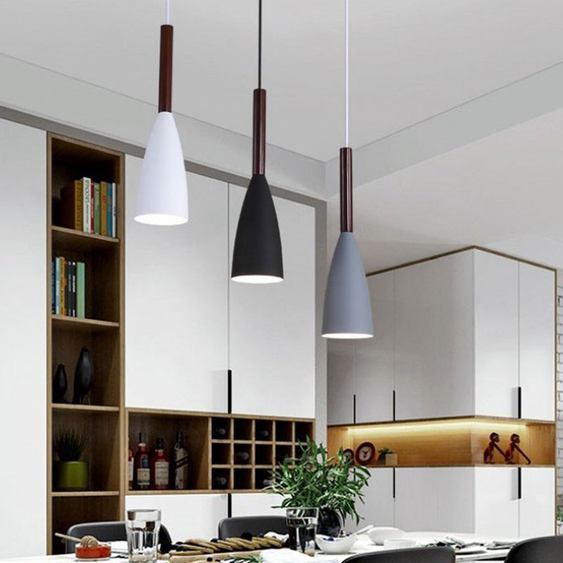 Modern Concise Macaron Pendant Light Wooden Cone Hanging Lamp with Wrought Iron Shade