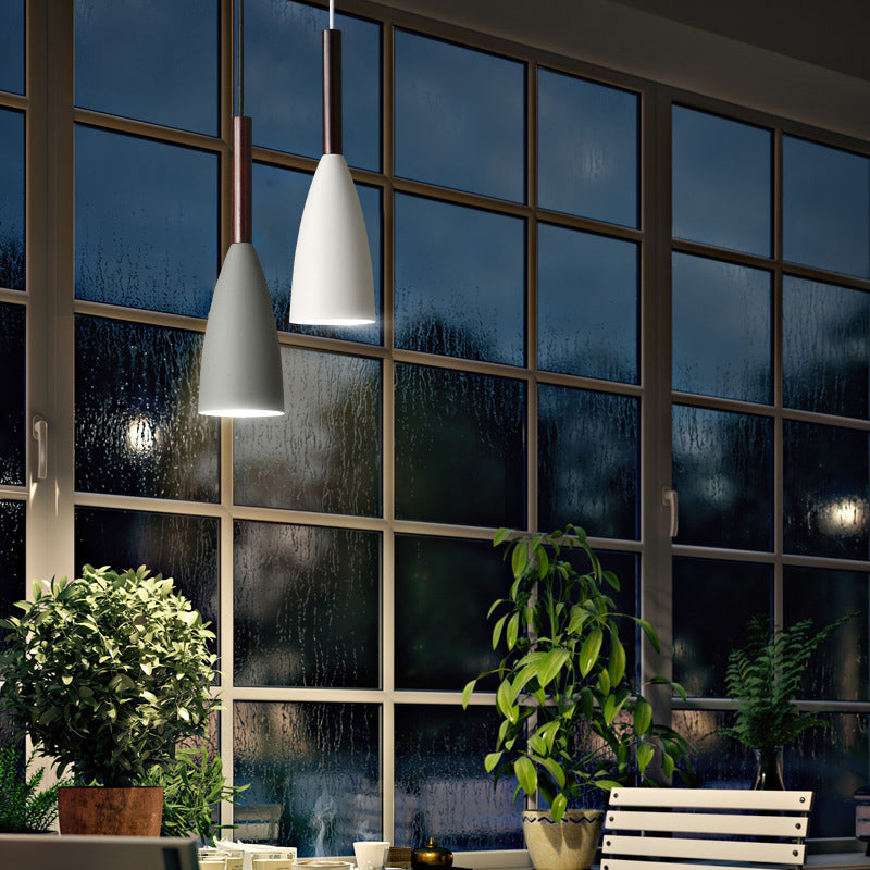 Modern Concise Macaron Pendant Light Wooden Cone Hanging Lamp with Wrought Iron Shade