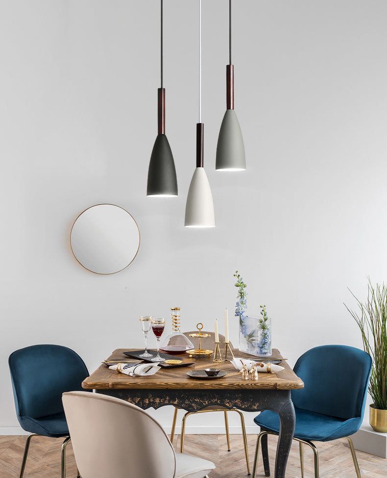 Modern Concise Macaron Pendant Light Wooden Cone Hanging Lamp with Wrought Iron Shade