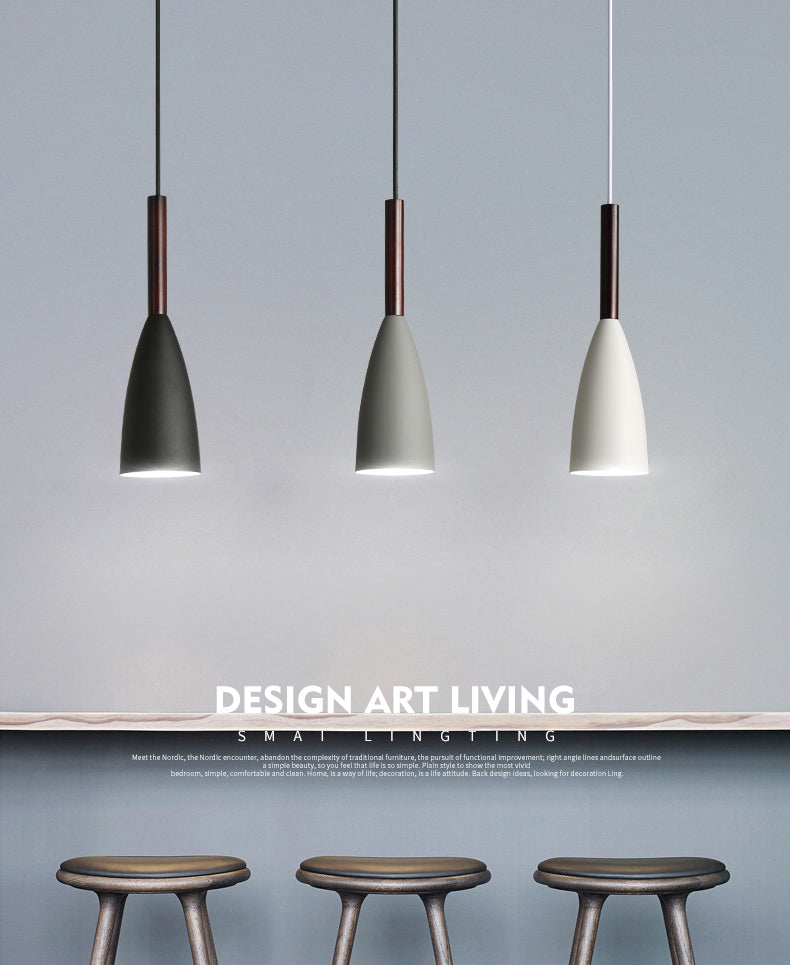 Modern Concise Macaron Pendant Light Wooden Cone Hanging Lamp with Wrought Iron Shade