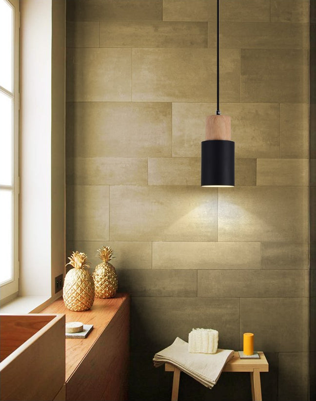 Makkaron -einzelne Anhänger Licht im modernen präzisen Stil Holzzylindroid -Hängelampe mit Eisenschatten