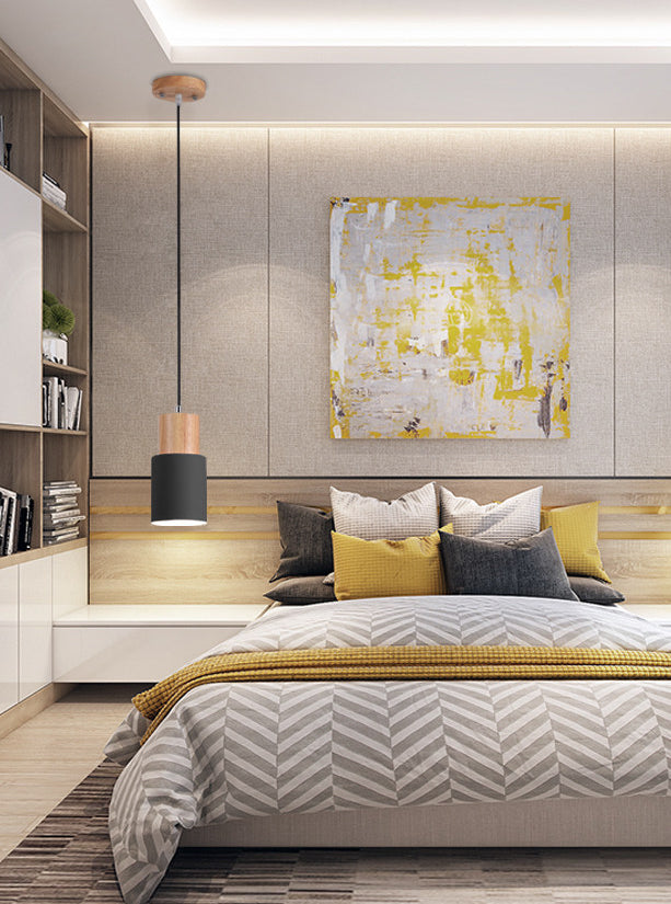 Makkaron -einzelne Anhänger Licht im modernen präzisen Stil Holzzylindroid -Hängelampe mit Eisenschatten