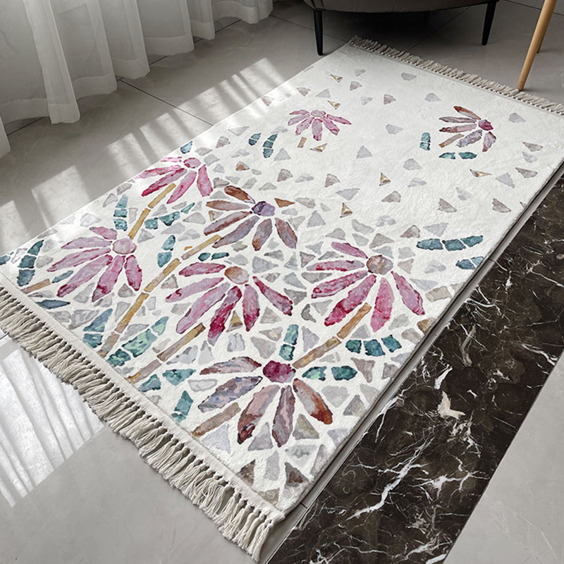 White Area Rug Polyester Floral Pattern Rug Fringe Washable Area Carpet for Living Room