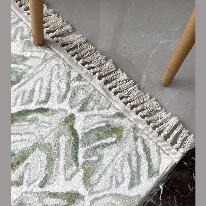 White Area Rug Polyester Floral Pattern Rug Fringe Washable Area Carpet for Living Room