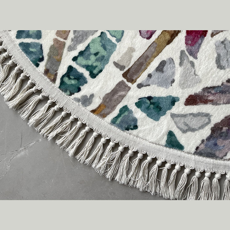 White Area Rug Polyester Floral Pattern Rug Fringe Washable Area Carpet for Living Room