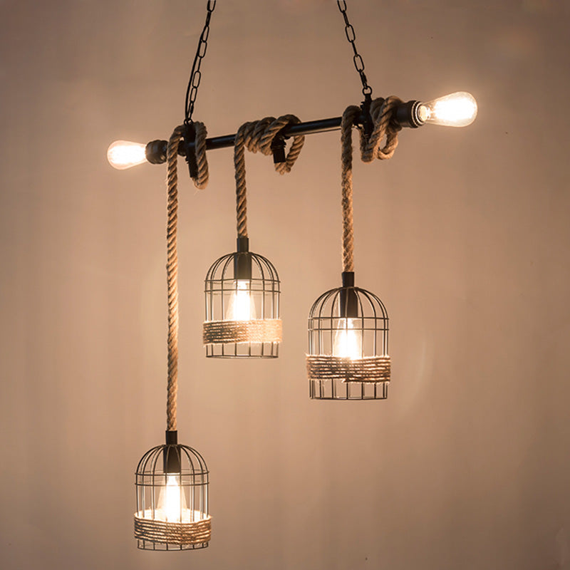 Birdcage Island Chandelier Lights Industrial Rope Chandelier Lighting Fixtures for Dining Table
