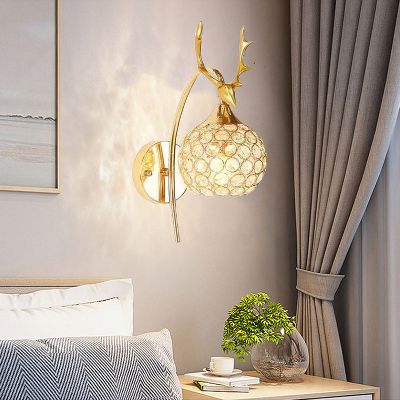 Gold Deer Head Wall Lamp Fixture Minimalist Metal Sconce Light with Ball Crystal Shade