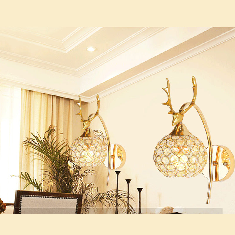 Gold Deer Head Wall Lamp Fixture Minimalist Metal Sconce Light with Ball Crystal Shade