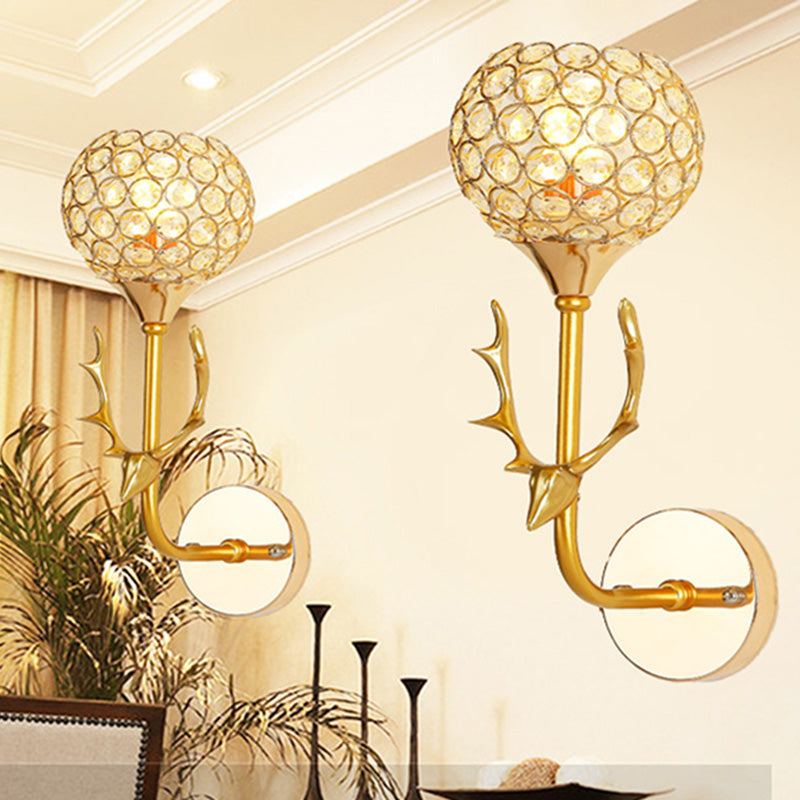 Gold Deer Head Wall Lamp Fixture Minimalist Metal Sconce Light with Ball Crystal Shade