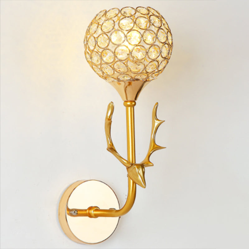 Gold Deer Head Wall Lamp Fixture Minimalist Metal Sconce Light with Ball Crystal Shade