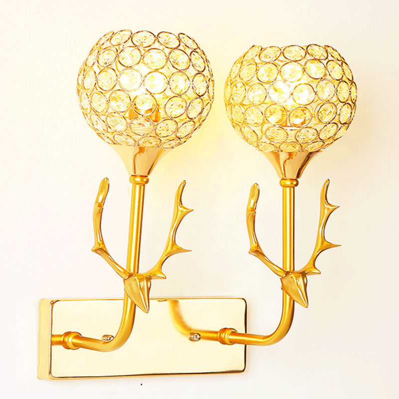 Gold Deer Head Wall Lamp Fixture Minimalist Metal Sconce Light with Ball Crystal Shade