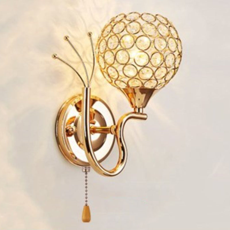 Modern Pull-Chain Wall Lamp Gold Global Wall Mounted Light with Crystal Shade