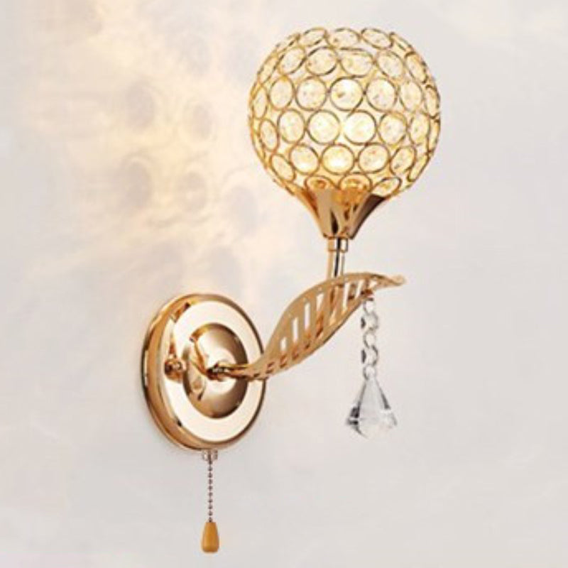 Modern Pull-Chain Wall Lamp Gold Global Wall Mounted Light with Crystal Shade
