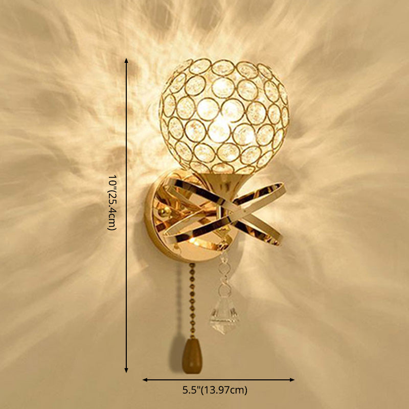 Modern Pull-Chain Wall Lamp Gold Global Wall Mounted Light with Crystal Shade