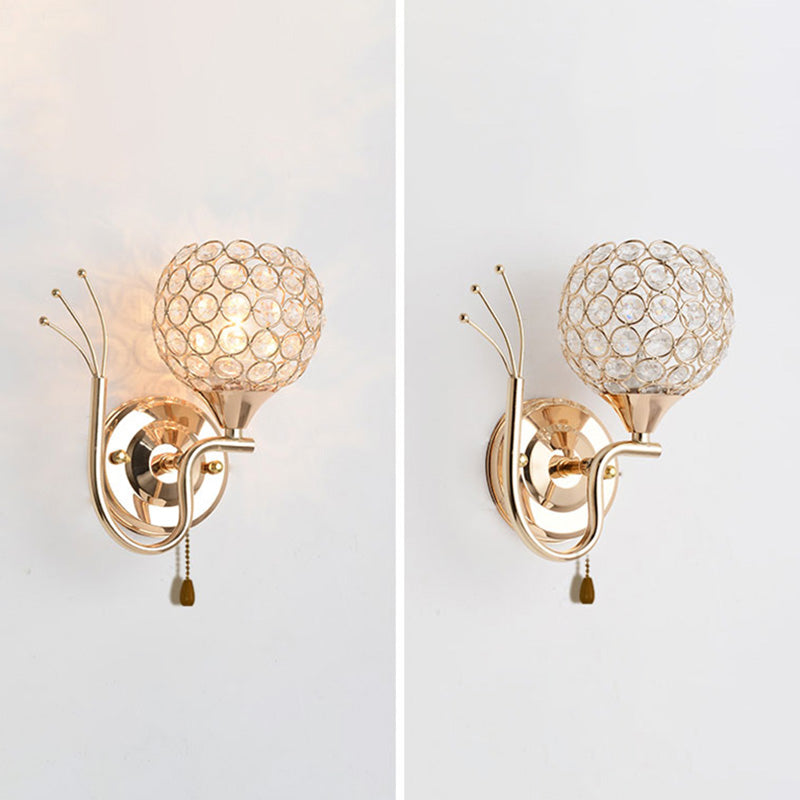 Modern Pull-Chain Wall Lamp Gold Global Wall Mounted Light with Crystal Shade
