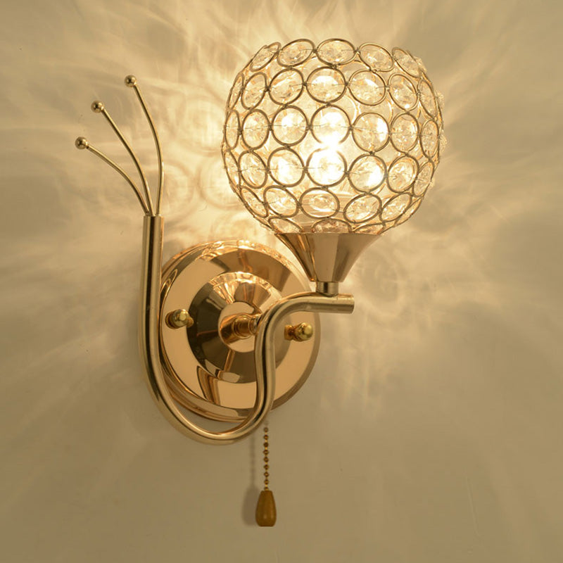 Modern Pull-Chain Wall Lamp Gold Global Wall Mounted Light with Crystal Shade
