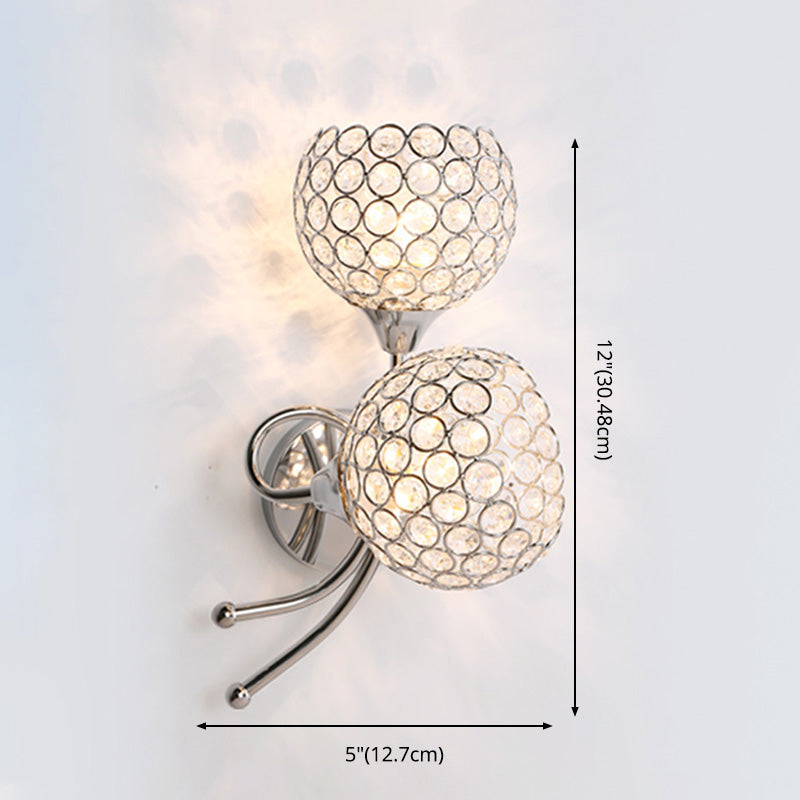 Silver Globe Wall Mounted Light Modern 2-Head Crystal Wall Sconce for Living Room