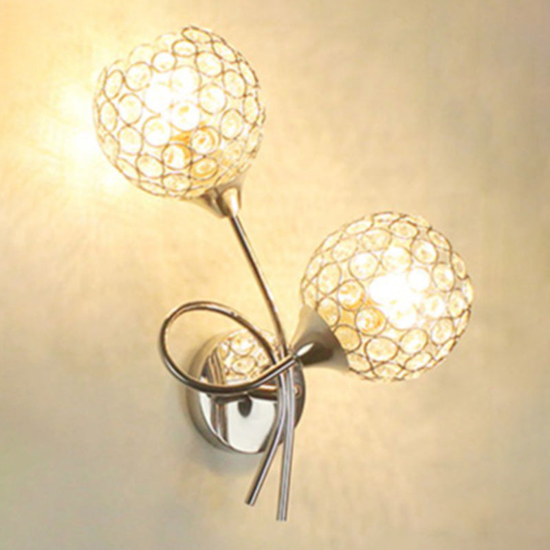 Silver Globe Wall Mounted Light Modern 2-Head Crystal Wall Sconce for Living Room