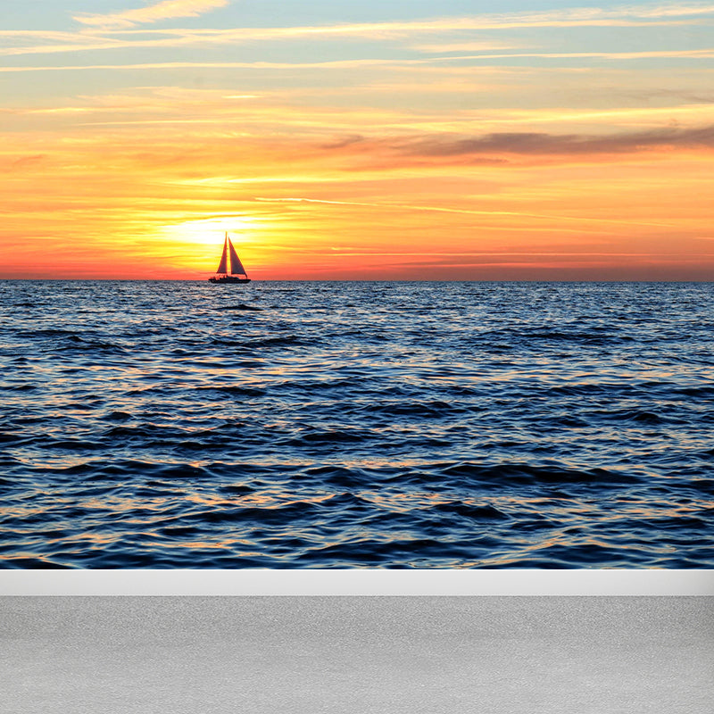 Caribbean Sea Mural Nature Sunset Scenery Wall Covering in Soft Color for Bathroom