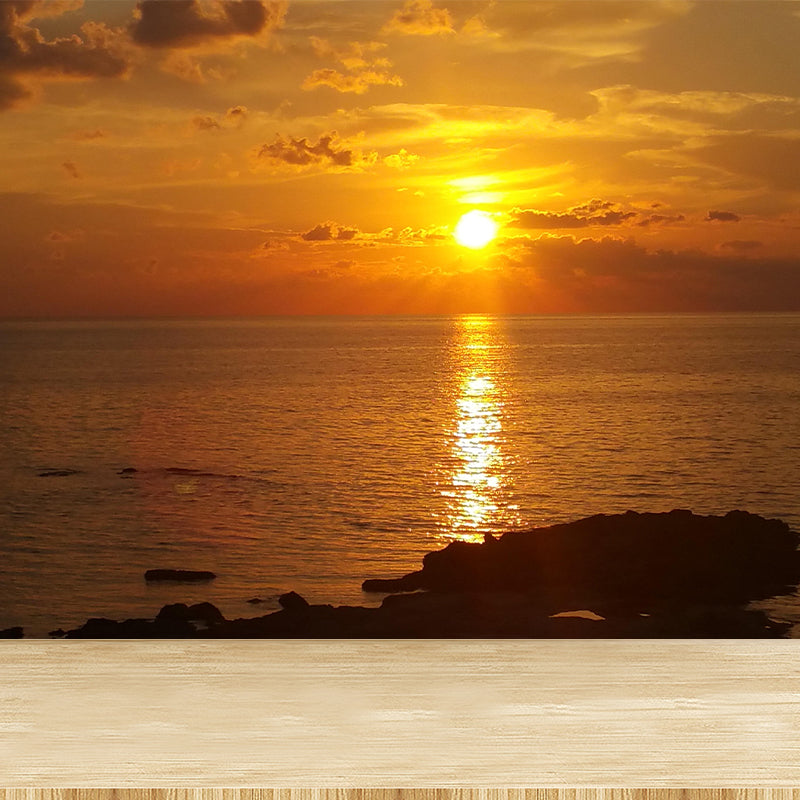 Caribbean Sea Mural Nature Sunset Scenery Wall Covering in Soft Color for Bathroom