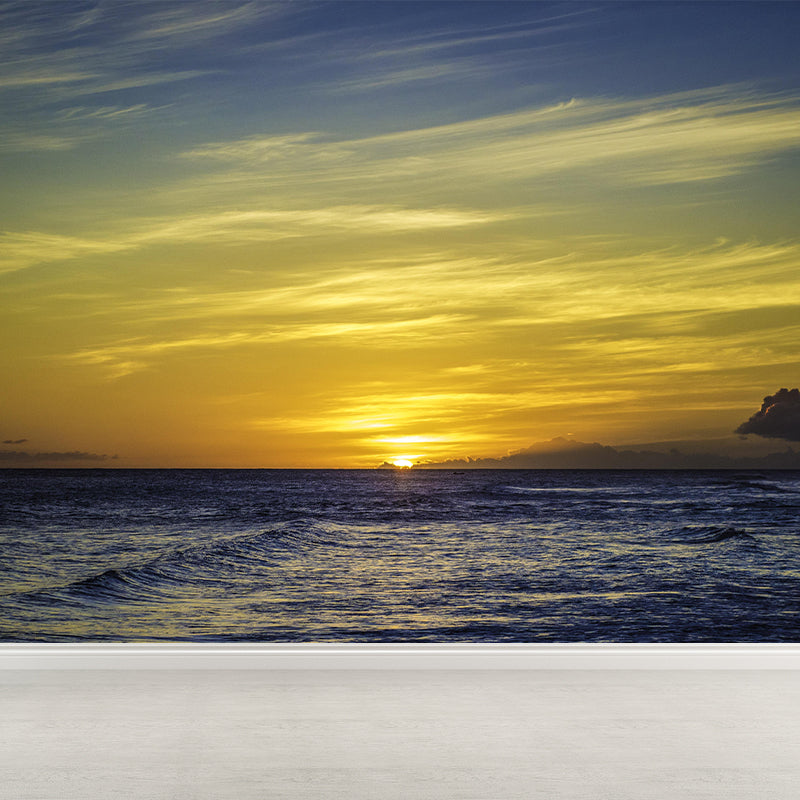 Caribbean Sea Mural Nature Sunset Scenery Wall Covering in Soft Color for Bathroom