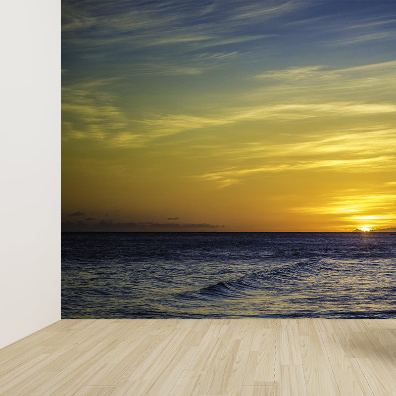 Caribbean Sea Mural Nature Sunset Scenery Wall Covering in Soft Color for Bathroom