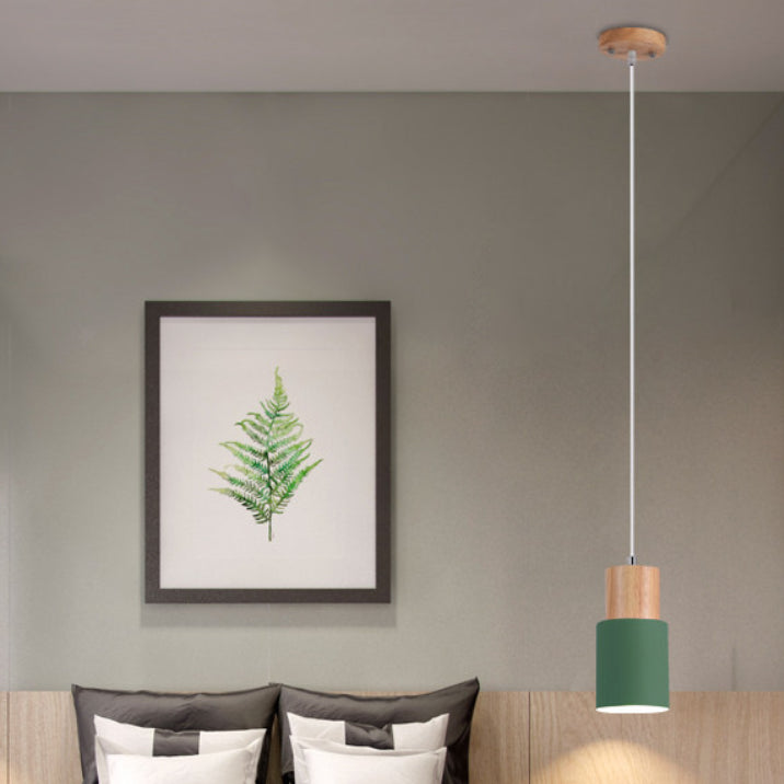 Makkaron -einzelne Anhänger Licht im modernen präzisen Stil Holzzylindroid -Hängelampe mit Eisenschatten