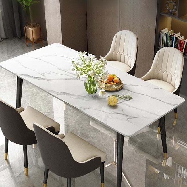 Contemporary Fixed Faux Marble Dining Room Table with 4 Black Metallic Legs Kitchen Dining Set