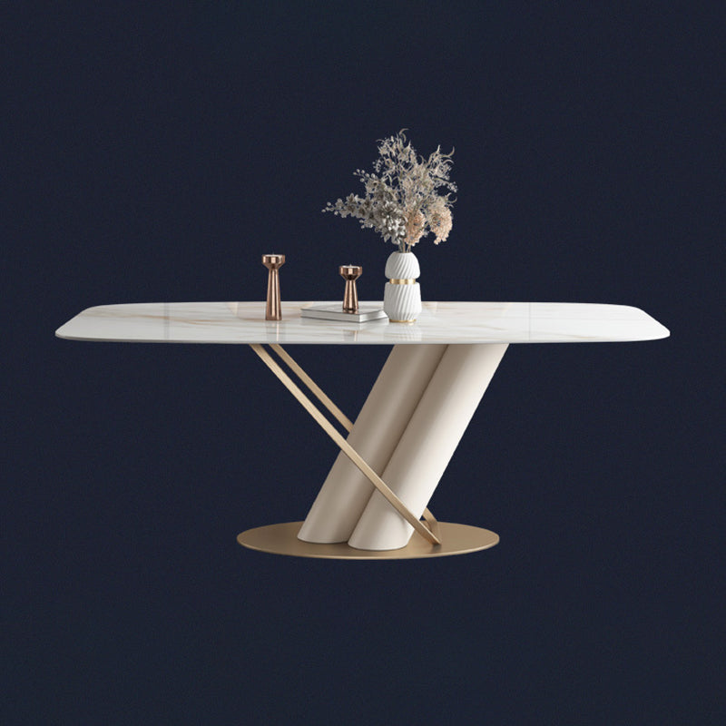 Moderne gesinterde stenen witte eetterset met rechthoekige tafel en metalen basis Home Gebruik eetset