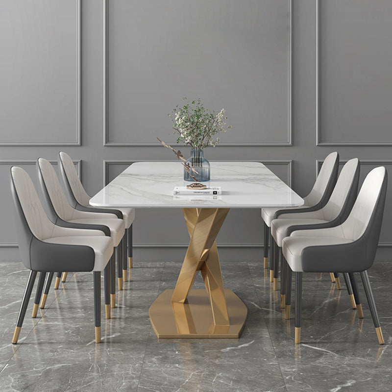 Modern Sintered Stone White Dining Set with Rectangle Table and Gold Legs Formal Dining Set