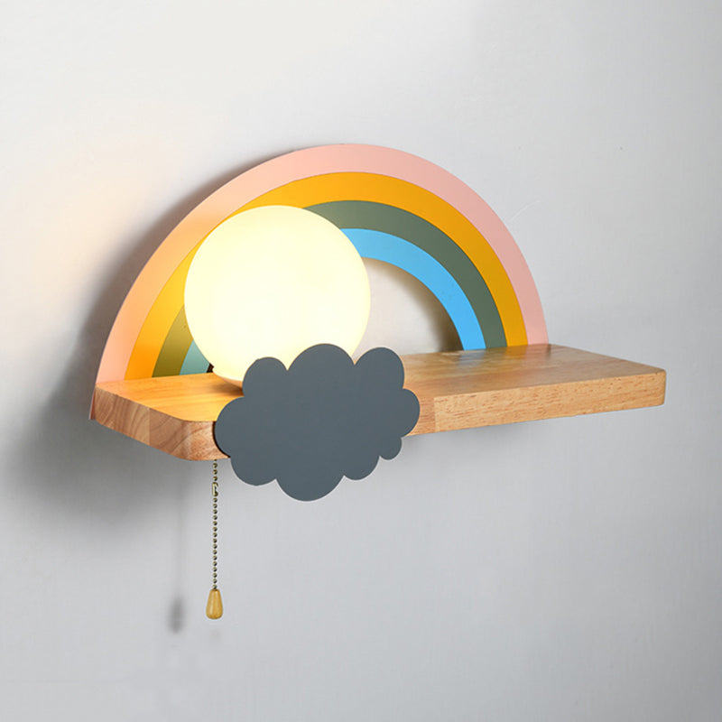 1-Light Round Wall Sconce Modern Simple Wood Style Glass Wall Lighting in Brown