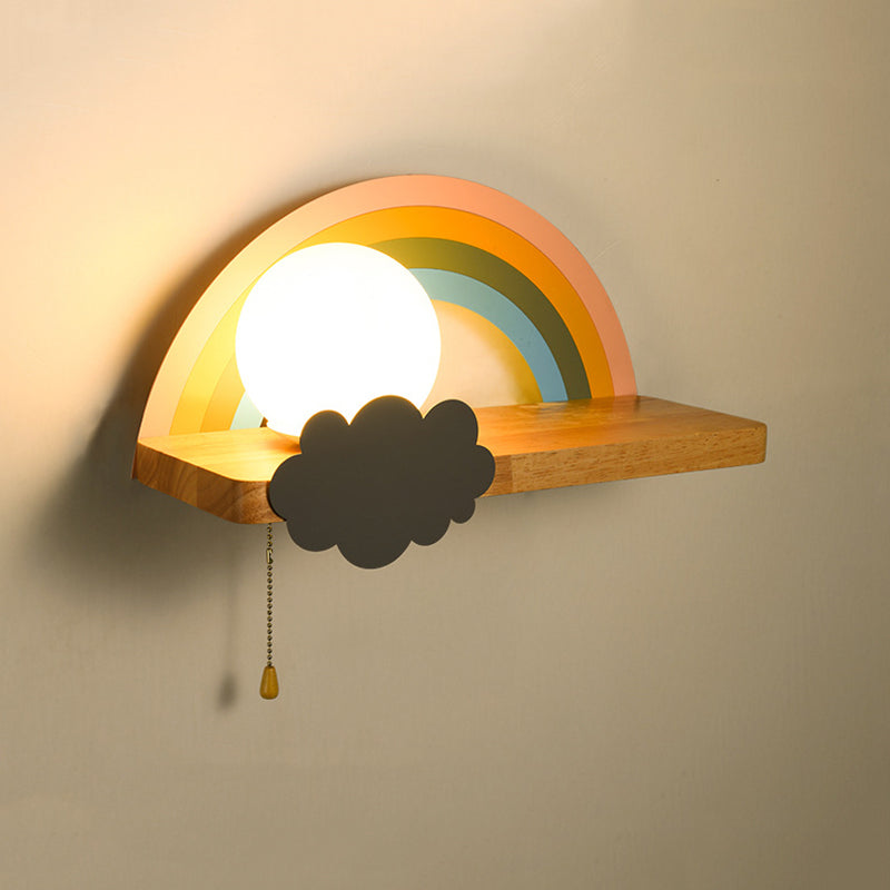 1-Light Round Wall Sconce Modern Simple Wood Style Glass Wall Lighting in Brown