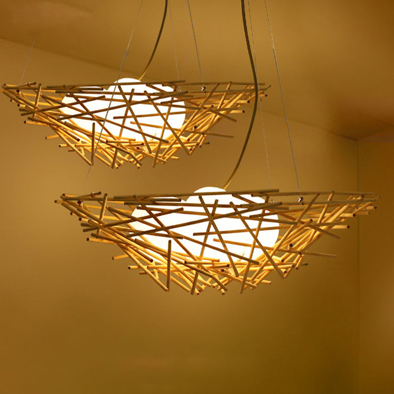 Birdnest Suspension Pendant Contemporary Wood 1 Bulb Beige Hanging Light Kit, 16.5"/24.5" Wide
