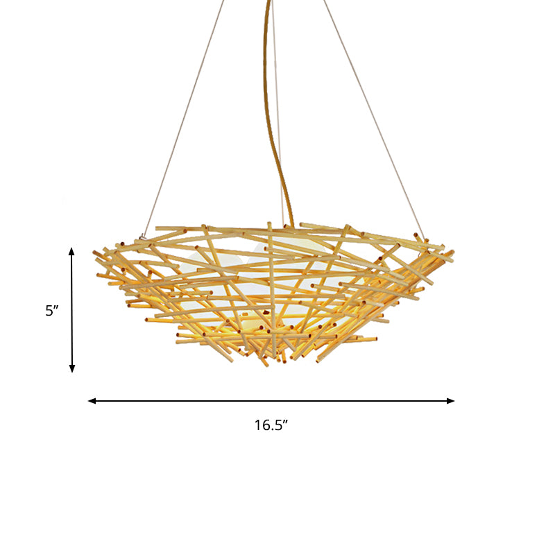 Birdnest Suspension Pendant Contemporary Wood 1 Bulb Beige Hanging Light Kit, 16.5"/24.5" Wide