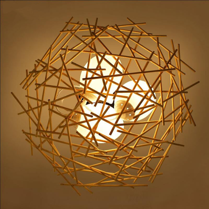 Birdnest Suspension Pendant Contemporary Wood 1 Bulb Beige Hanging Light Kit, 16.5"/24.5" Wide