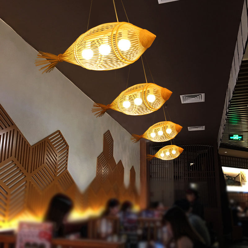 Suspension tissage de 12 "/ 16" de large pendentif rétro bambou 1 bulbe en bois suspendu luminaire