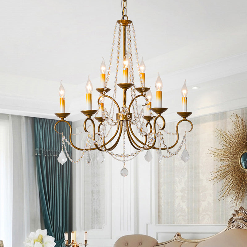 Candelabra Bedroom Chandelier Pendant Light Rustic Crystal 6/9 Lights Brass Down Lighting