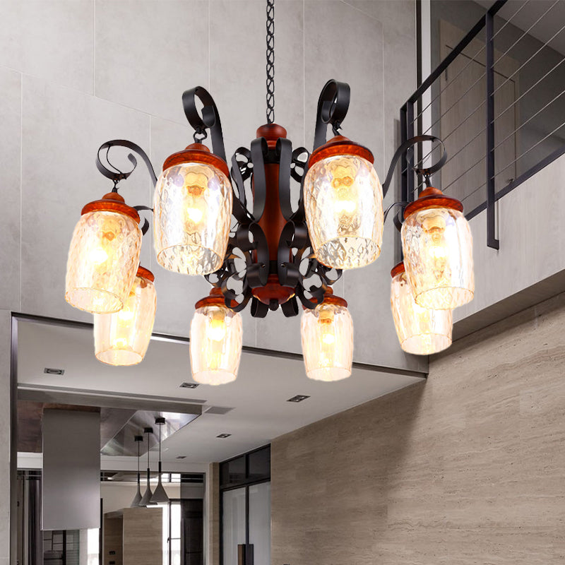 8 Lights Dimple Glass Chandelier Antiqued Black Curved Arm Living Room Ceiling Pendant Light