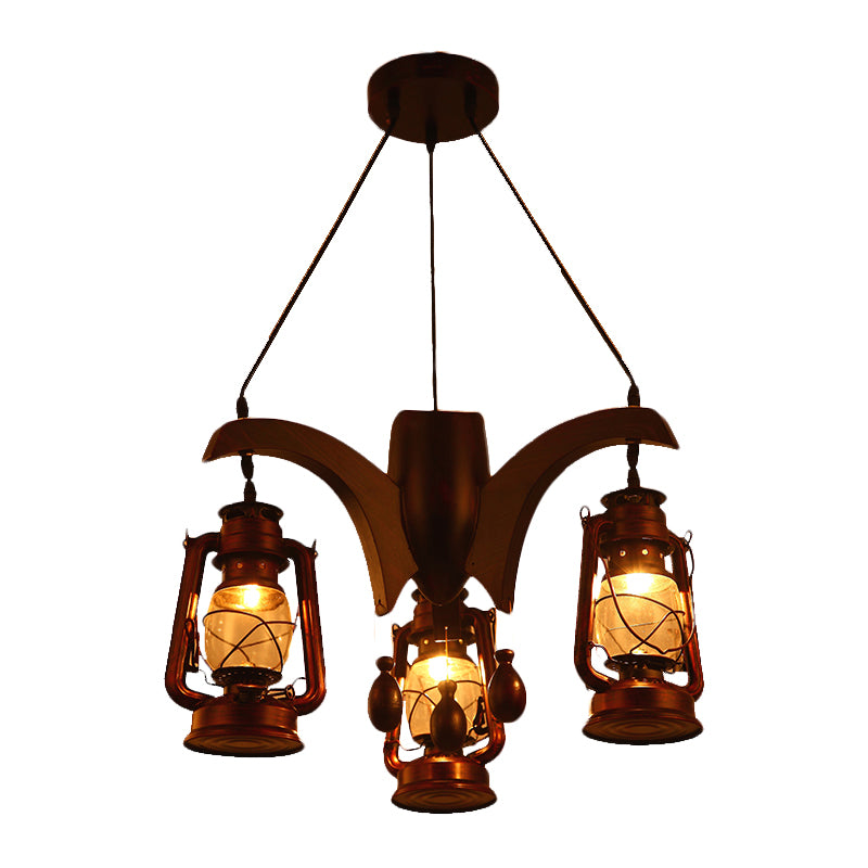 Industrial Kerosene Chandelier Lamp 3 Lights Clear Glass Hanging Ceiling Light in Dark Wood for Living Room