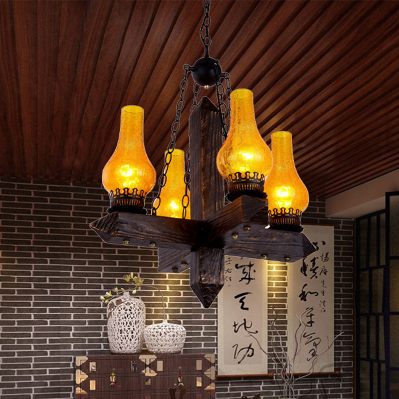 Amber Crackle Glass Vase Chandelier Lighting Farmhouse 5 Lights Dining Room Pendant with Metal Frame