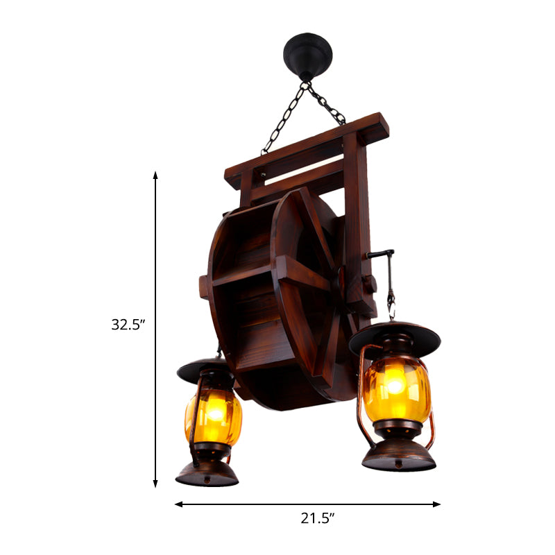 Dark Wood 3 Lights Chandelier Lighting Fixture Warehouse Amber Glass Lantern Hanging Lamp Kit