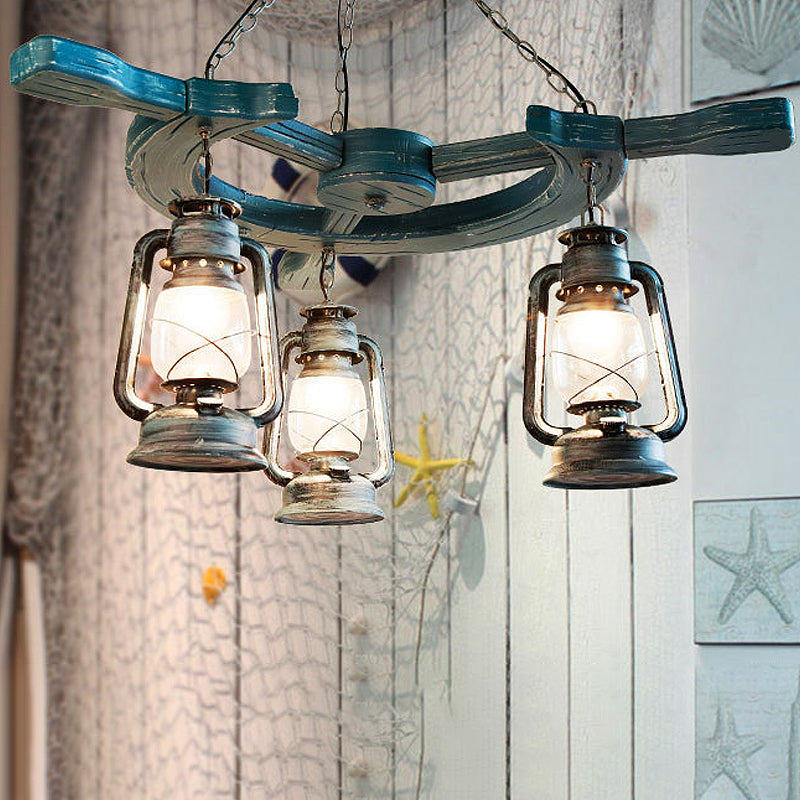 3 Lights Living Room Chandelier Light Industrial Blue Pendant with Kerosene Clear Glass Shade