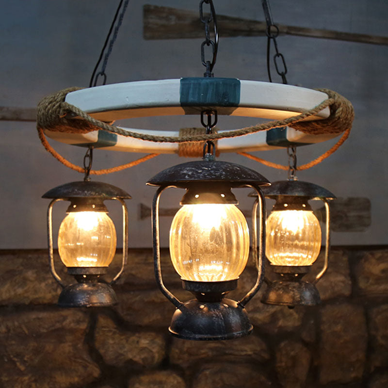 3 Lights Chandelier Lighting Factory Lantern Clear Glass Hanging Light Fixture in Blue