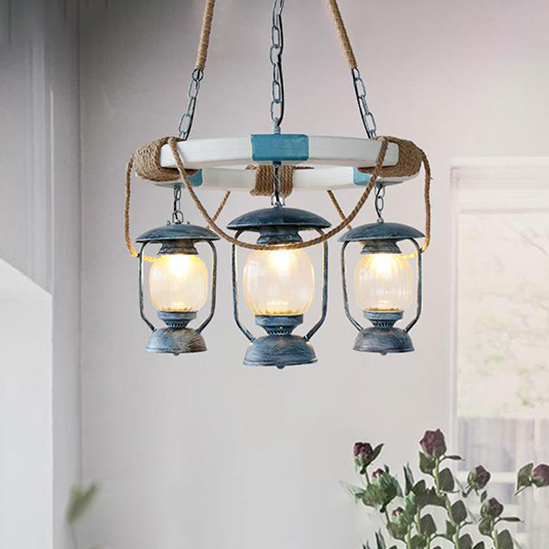 3 Lights Chandelier Lighting Factory Lantern Clear Glass Hanging Light Fixture in Blue