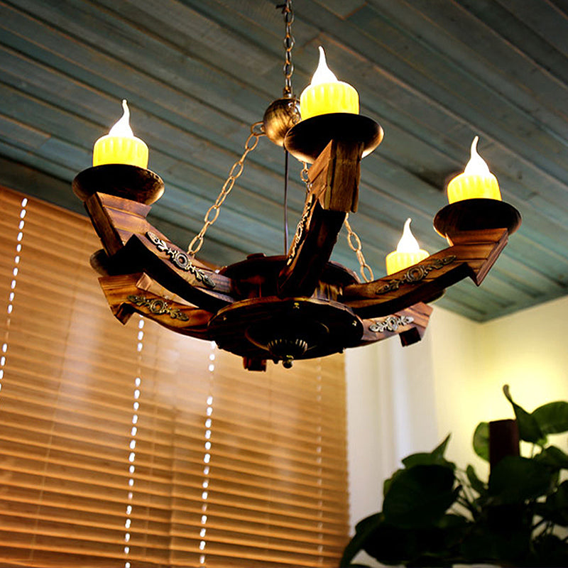 6 Lights Candle Chandelier Lamp Farmhouse Dark Wood Resin Pendant Lighting for Restaurant