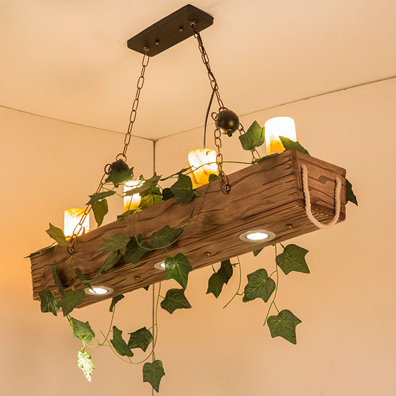 Rectangle Dining Room Island Pendant Industrial Marble 4 Lights Wood Hanging Ceiling Light