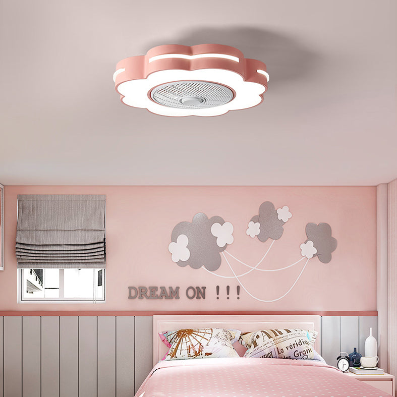 Macaron Drum Shaped Ceiling Fan Metal Child Bedroom LED Semi Flush Light