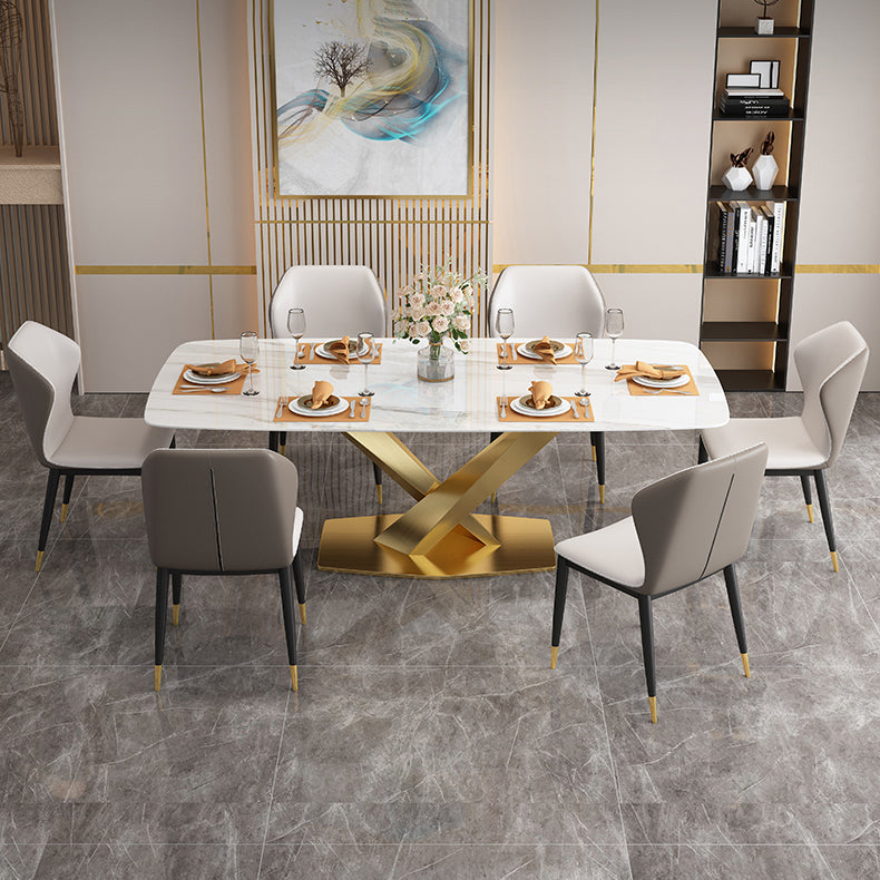 Minimalist Style Sintered Stone Dining Room Set with White Table and Gold Trestle Base for Home Use