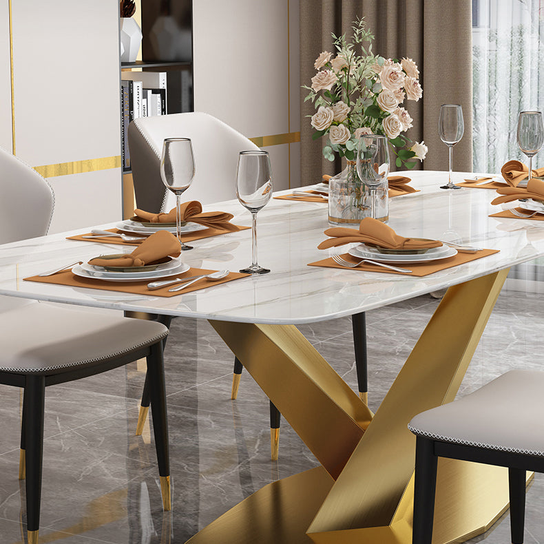 Minimalist Style Sintered Stone Dining Room Set with White Table and Gold Trestle Base for Home Use