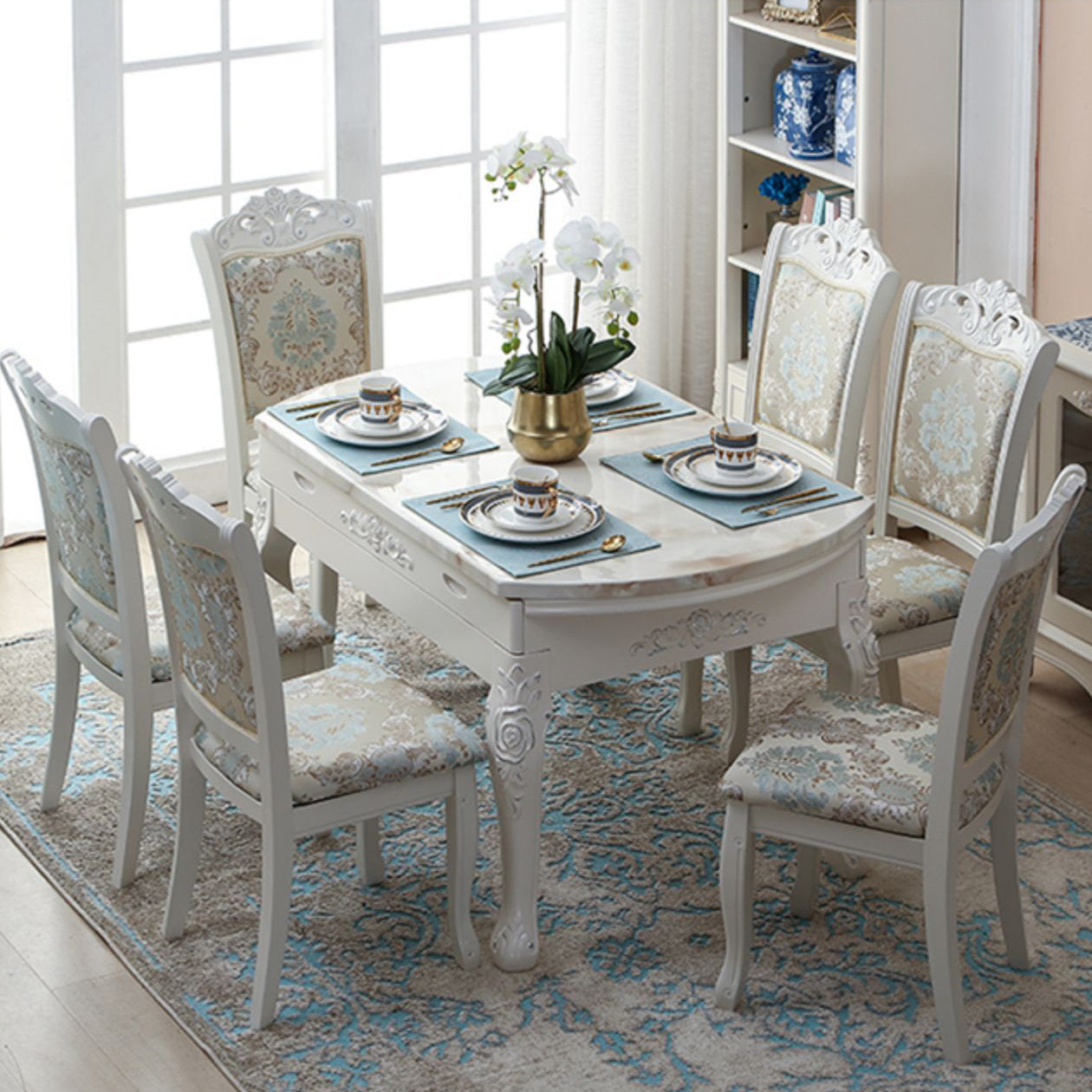 Victorian Dining Room Set Standard Height with Rectangle Top 4 Legs Base Dining Furniture